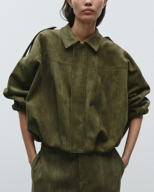 Women's Bomber Jacket Olive Size M Faux Suede-1