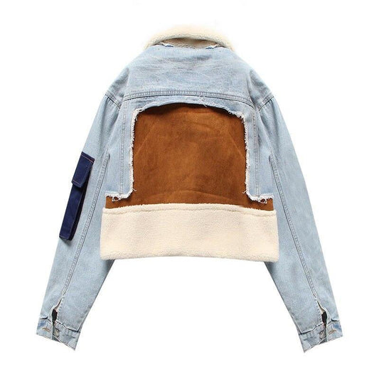 Women's Denim Jacket Blue Size M Shearling Suede-3
